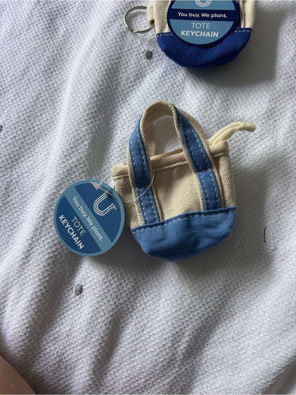 Canvas Mini Tote Keychain in Cream & Blue